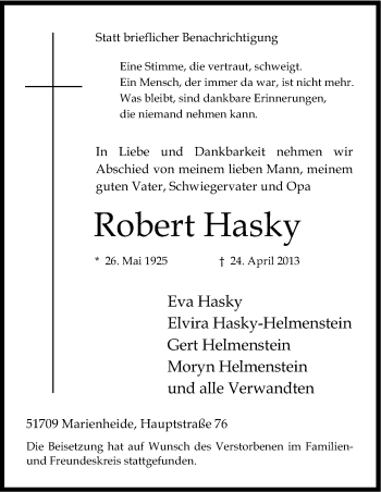 Anzeige von Robert Hasky von Kölner Stadt-Anzeiger / Kölnische Rundschau / Express