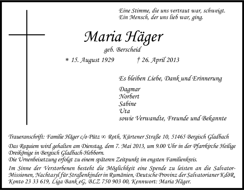  Traueranzeige für Maria Häger vom 04.05.2013 aus Kölner Stadt-Anzeiger / Kölnische Rundschau / Express