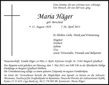Anzeige von Maria Häger von Kölner Stadt-Anzeiger / Kölnische Rundschau / Express