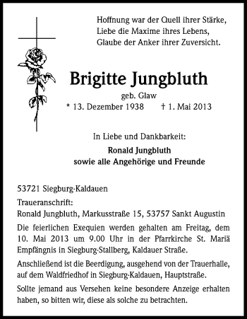 Anzeige von Brigitte Jungbluth von Kölner Stadt-Anzeiger / Kölnische Rundschau / Express