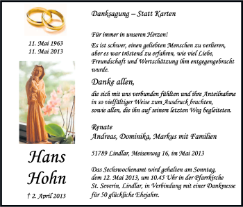 Anzeige von Hans Hohn von Kölner Stadt-Anzeiger / Kölnische Rundschau / Express