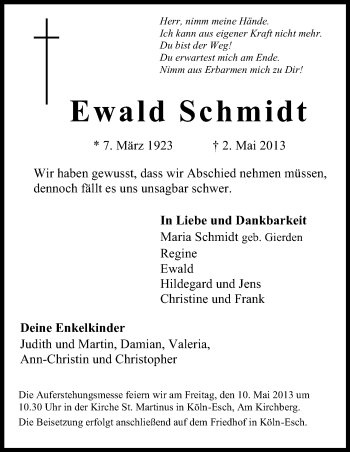 Anzeige von Ewald Schmidt von Kölner Stadt-Anzeiger / Kölnische Rundschau / Express