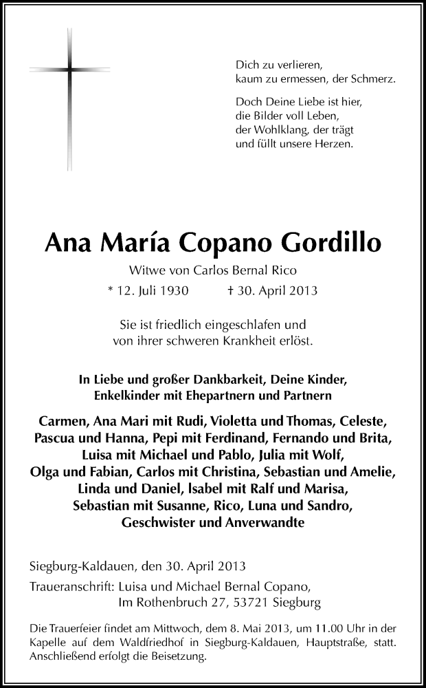  Traueranzeige für Ana Maria Copano Gordillo vom 04.05.2013 aus Kölner Stadt-Anzeiger / Kölnische Rundschau / Express