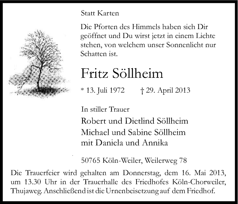  Traueranzeige für Fritz Söllheim vom 11.05.2013 aus Kölner Stadt-Anzeiger / Kölnische Rundschau / Express