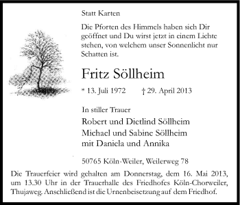 Anzeige von Fritz Söllheim von Kölner Stadt-Anzeiger / Kölnische Rundschau / Express