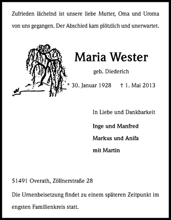 Anzeige von Maria Wester von Kölner Stadt-Anzeiger / Kölnische Rundschau / Express