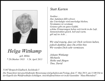 Anzeige von Helga Wittkamp von Kölner Stadt-Anzeiger / Kölnische Rundschau / Express