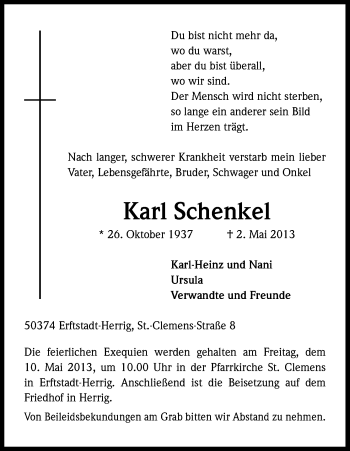 Anzeige von Karl Schenkel von Kölner Stadt-Anzeiger / Kölnische Rundschau / Express