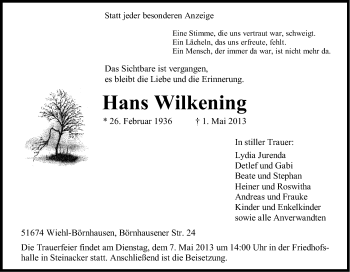 Anzeige von Hans Wilkening von Kölner Stadt-Anzeiger / Kölnische Rundschau / Express