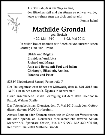 Anzeige von Mathilde Grondal von Kölner Stadt-Anzeiger / Kölnische Rundschau / Express
