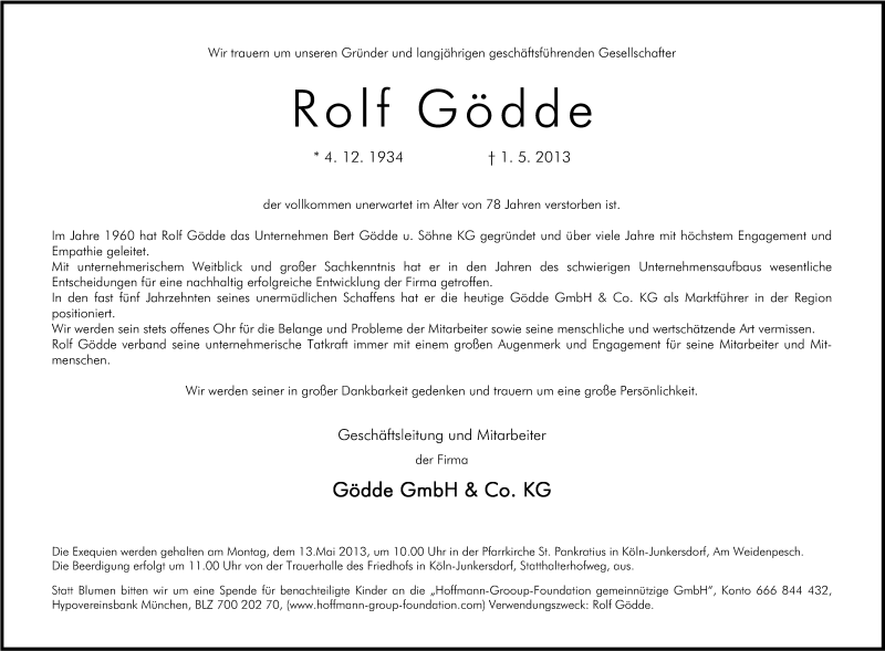  Traueranzeige für Rolf Gödde vom 07.05.2013 aus Kölner Stadt-Anzeiger / Kölnische Rundschau / Express