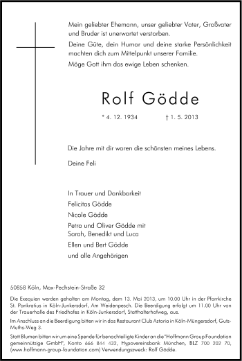 Anzeige von Rolf Gödde von Kölner Stadt-Anzeiger / Kölnische Rundschau / Express