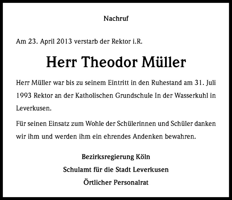  Traueranzeige für Theodor Müller vom 06.05.2013 aus Kölner Stadt-Anzeiger / Kölnische Rundschau / Express