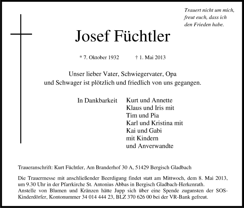  Traueranzeige für Josef Füchtler vom 04.05.2013 aus Kölner Stadt-Anzeiger / Kölnische Rundschau / Express