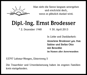 Anzeige von Ernst Brodesser von Kölner Stadt-Anzeiger / Kölnische Rundschau / Express