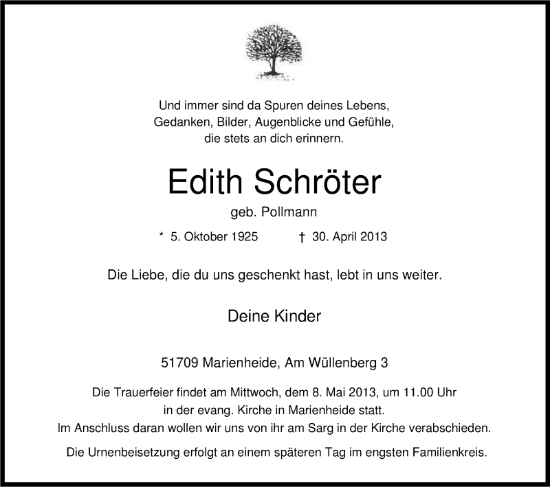  Traueranzeige für Edith Schröter vom 04.05.2013 aus Kölner Stadt-Anzeiger / Kölnische Rundschau / Express