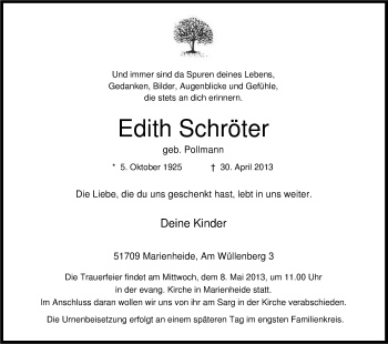 Anzeige von Edith Schröter von Kölner Stadt-Anzeiger / Kölnische Rundschau / Express