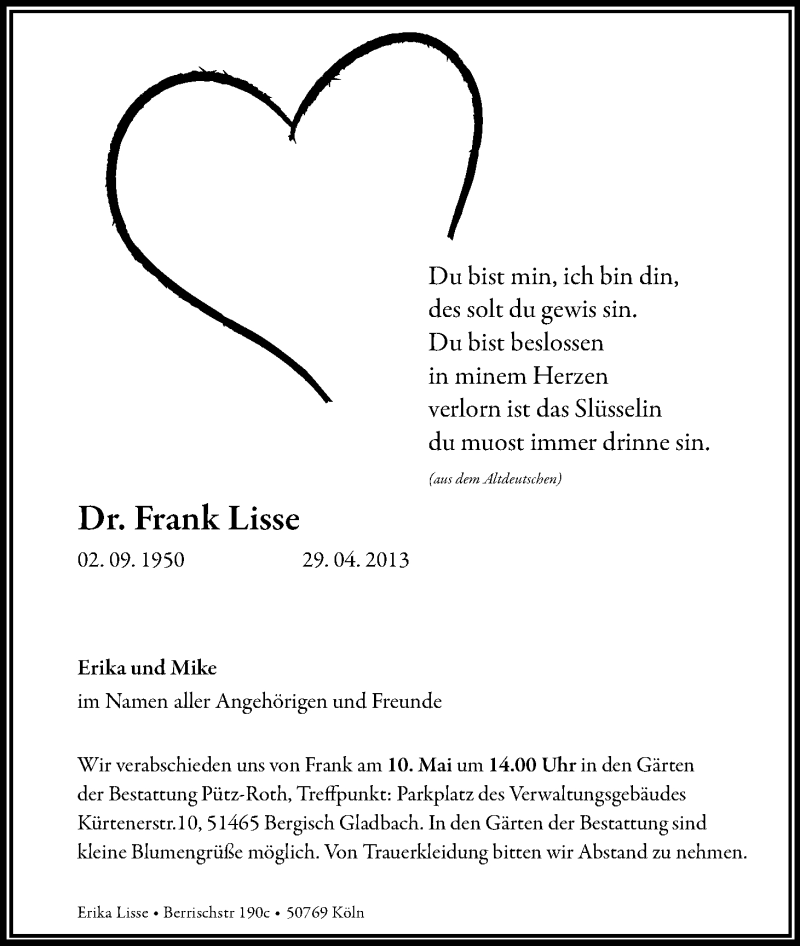  Traueranzeige für Frank Lisse vom 08.05.2013 aus Kölner Stadt-Anzeiger / Kölnische Rundschau / Express