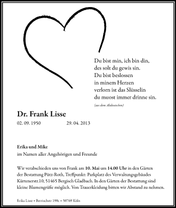 Anzeige von Frank Lisse von Kölner Stadt-Anzeiger / Kölnische Rundschau / Express