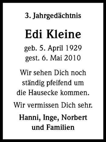 Anzeige von Edi Kleine von Kölner Stadt-Anzeiger / Kölnische Rundschau / Express