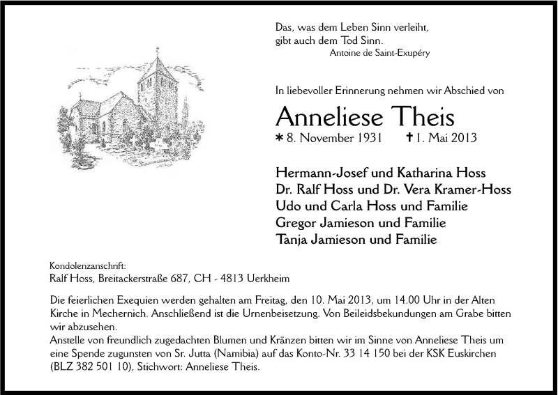  Traueranzeige für Anneliese Theis vom 06.05.2013 aus Kölner Stadt-Anzeiger / Kölnische Rundschau / Express
