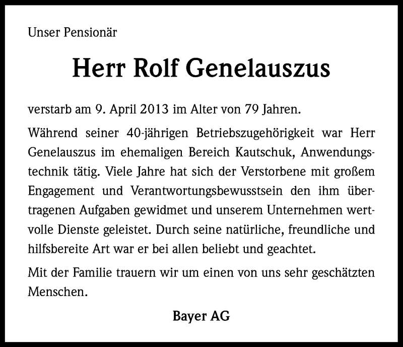 Traueranzeige für Rolf Genelauszus vom 07.05.2013 aus Kölner Stadt-Anzeiger / Kölnische Rundschau / Express