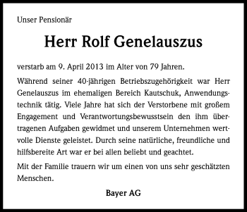 Anzeige von Rolf Genelauszus von Kölner Stadt-Anzeiger / Kölnische Rundschau / Express