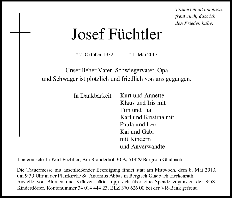  Traueranzeige für Josef Füchtler vom 06.05.2013 aus Kölner Stadt-Anzeiger / Kölnische Rundschau / Express