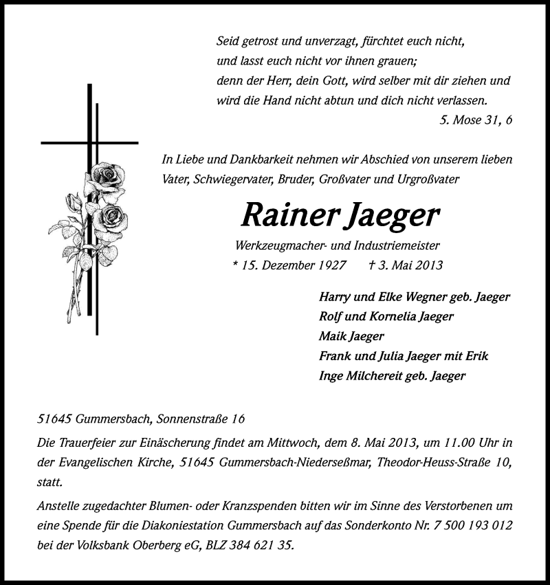  Traueranzeige für Rainer Jaeger vom 06.05.2013 aus Kölner Stadt-Anzeiger / Kölnische Rundschau / Express