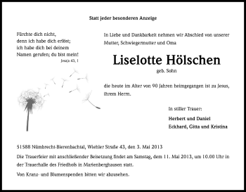 Anzeige von Liselotte Hölschen von Kölner Stadt-Anzeiger / Kölnische Rundschau / Express