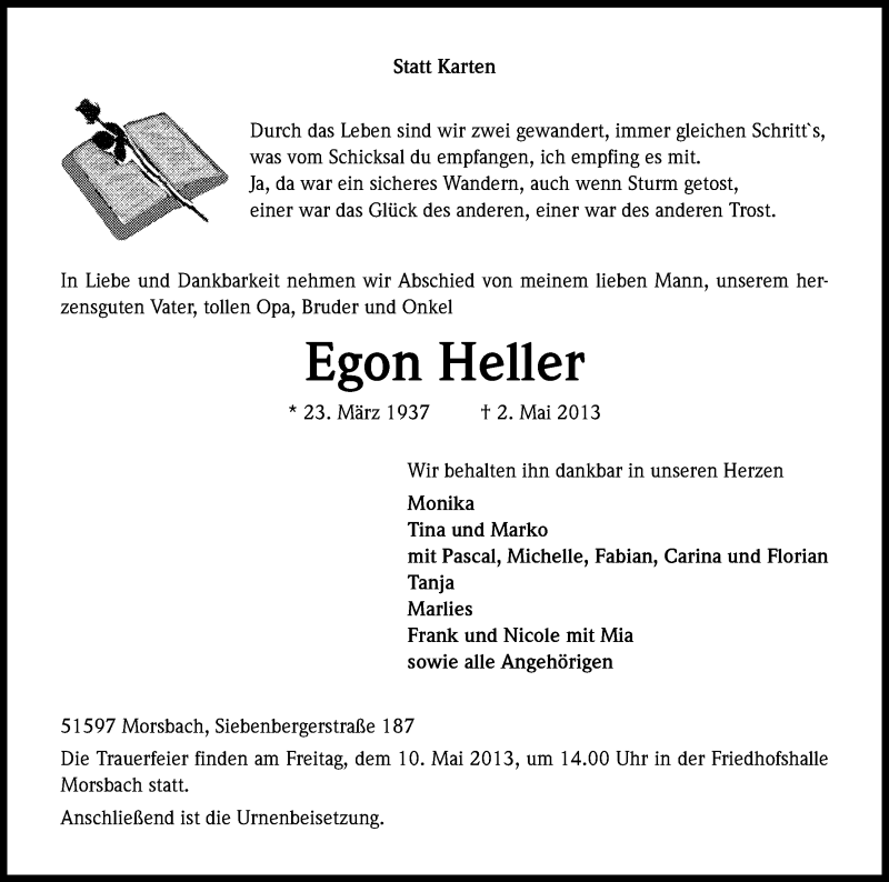  Traueranzeige für Egon Heller vom 07.05.2013 aus Kölner Stadt-Anzeiger / Kölnische Rundschau / Express