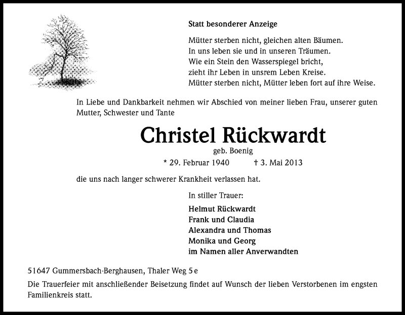  Traueranzeige für Christel Rückwardt vom 07.05.2013 aus Kölner Stadt-Anzeiger / Kölnische Rundschau / Express