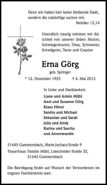 Anzeige von Erna Görg von Kölner Stadt-Anzeiger / Kölnische Rundschau / Express