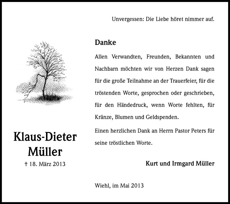  Traueranzeige für Klaus-Dieter Müller vom 08.05.2013 aus Kölner Stadt-Anzeiger / Kölnische Rundschau / Express