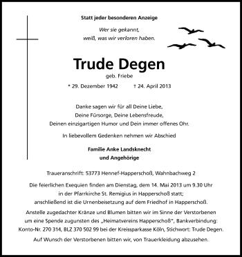 Anzeige von Trude Degen von Kölner Stadt-Anzeiger / Kölnische Rundschau / Express