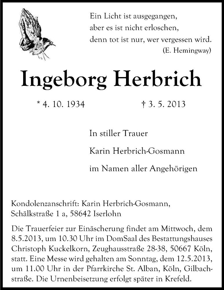  Traueranzeige für Ingeborg Herbrich vom 07.05.2013 aus Kölner Stadt-Anzeiger / Kölnische Rundschau / Express