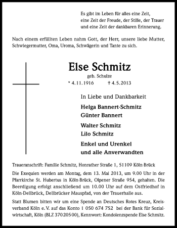 Anzeige von Else Schmitz von Kölner Stadt-Anzeiger / Kölnische Rundschau / Express