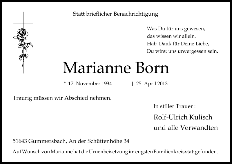  Traueranzeige für Marianne Born vom 07.05.2013 aus Kölner Stadt-Anzeiger / Kölnische Rundschau / Express