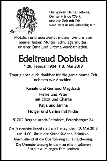 Anzeige von Edeltraud Dobisch von Kölner Stadt-Anzeiger / Kölnische Rundschau / Express