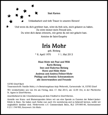 Anzeige von Iris Mohr von Kölner Stadt-Anzeiger / Kölnische Rundschau / Express