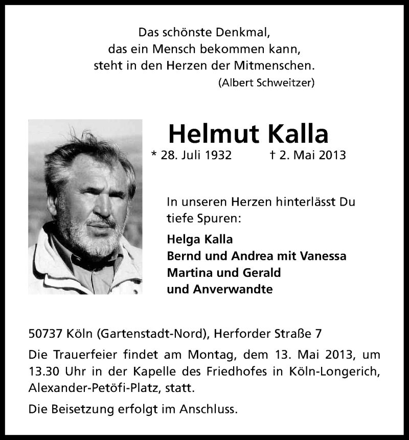  Traueranzeige für Helmut Kalla vom 08.05.2013 aus Kölner Stadt-Anzeiger / Kölnische Rundschau / Express