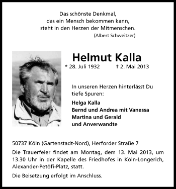Anzeige von Helmut Kalla von Kölner Stadt-Anzeiger / Kölnische Rundschau / Express