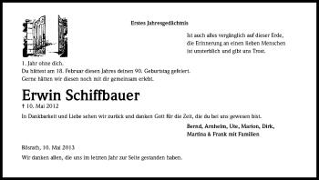 Anzeige von Erwin Schiffbauer von Kölner Stadt-Anzeiger / Kölnische Rundschau / Express