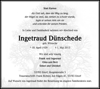 Anzeige von Ingetraud Dünschede von Kölner Stadt-Anzeiger / Kölnische Rundschau / Express