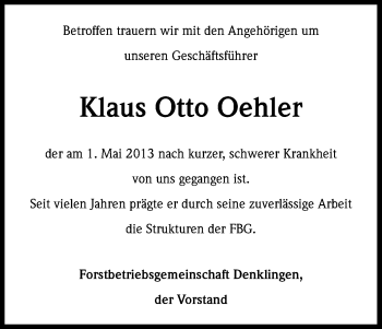 Anzeige von Klaus Otto Oehler von Kölner Stadt-Anzeiger / Kölnische Rundschau / Express