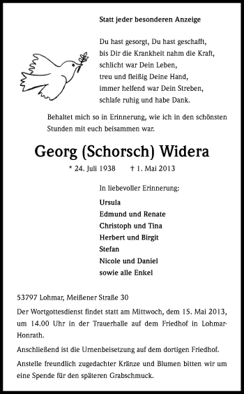 Anzeige von Georg Widera von Kölner Stadt-Anzeiger / Kölnische Rundschau / Express