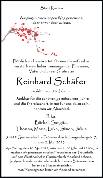 Anzeige von Reinhard Schäfer von Kölner Stadt-Anzeiger / Kölnische Rundschau / Express
