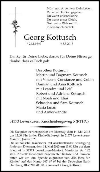 Anzeige von Georg Kottusch von Kölner Stadt-Anzeiger / Kölnische Rundschau / Express