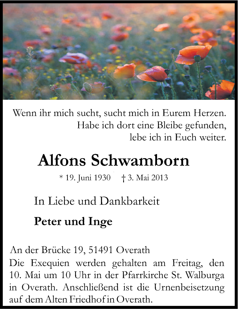  Traueranzeige für Alfons Schwamborn vom 08.05.2013 aus Kölner Stadt-Anzeiger / Kölnische Rundschau / Express