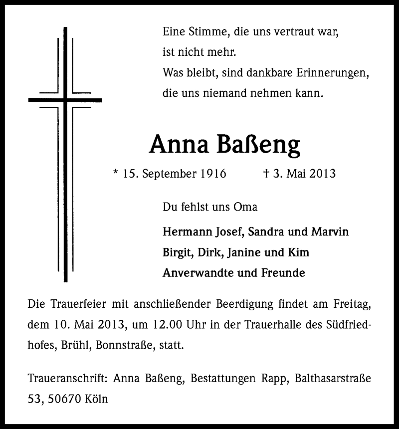  Traueranzeige für Anna Baßeng vom 08.05.2013 aus Kölner Stadt-Anzeiger / Kölnische Rundschau / Express